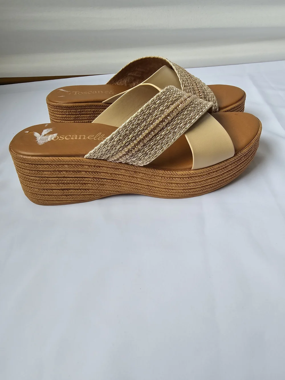 Toscanella Italy Neutral Metallic Wedge Platform Sandals - Size 7